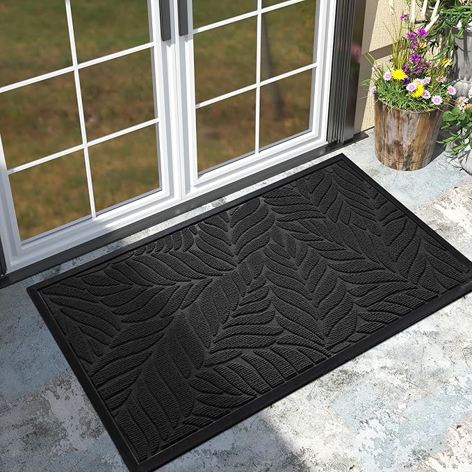 Yimobra Front Door Mat Outdoor Indoor, 47x32 All-Season Waterproof Welcome Mat, All-Weather Outside Entrance Mat, Non-Slip Patio Porch Doormat, Low Profile, Fade Resistant, Black