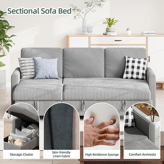 Sofa Bed Sleeper Pull Out 2 in 1 Sectional Sleeper Sofa Couches with Storage, Pullout Sectional Couches for Apartment Living Room,Light Grey