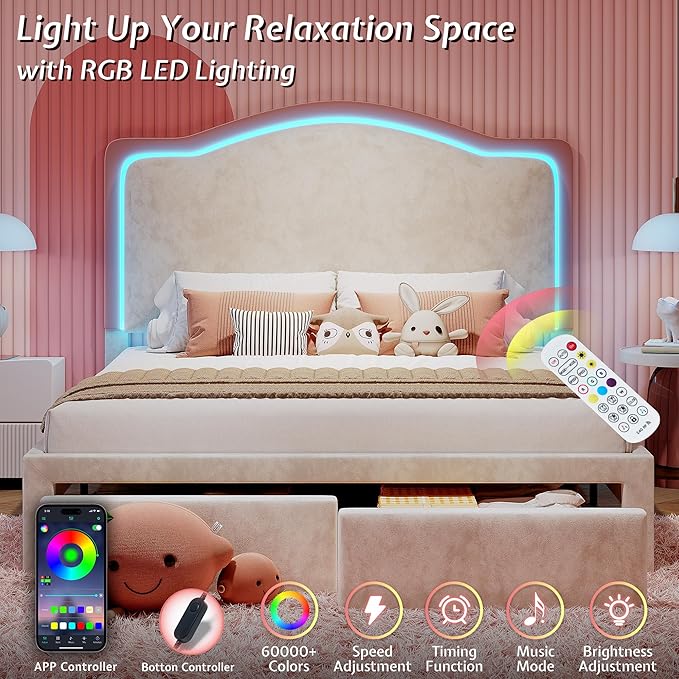 Jocisland Full Bed Frame with 51" Tall & Thick Adjustable Headboard, Storage Drawers, RGB LED Lights, No Box Spring Needed, Velvet Upholstered, Cream