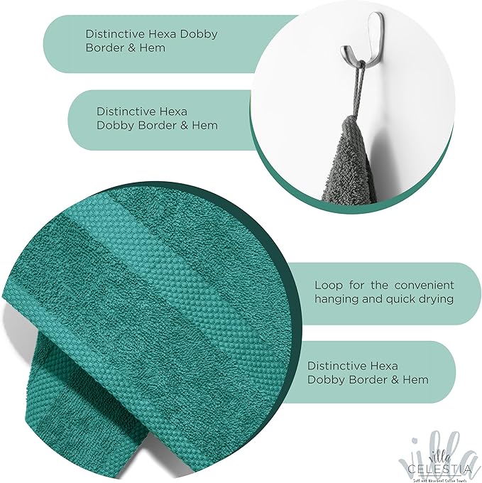 100% Cotton Hand Towel Set of 2, (16 x 28 inches) Sustainable, Soft, Highly Absorbent, Quick Drying, Combed Cotton Hand Towels Pack of 2 Ideal for Hotels, Spa, Bathroom, Dorm, Teal