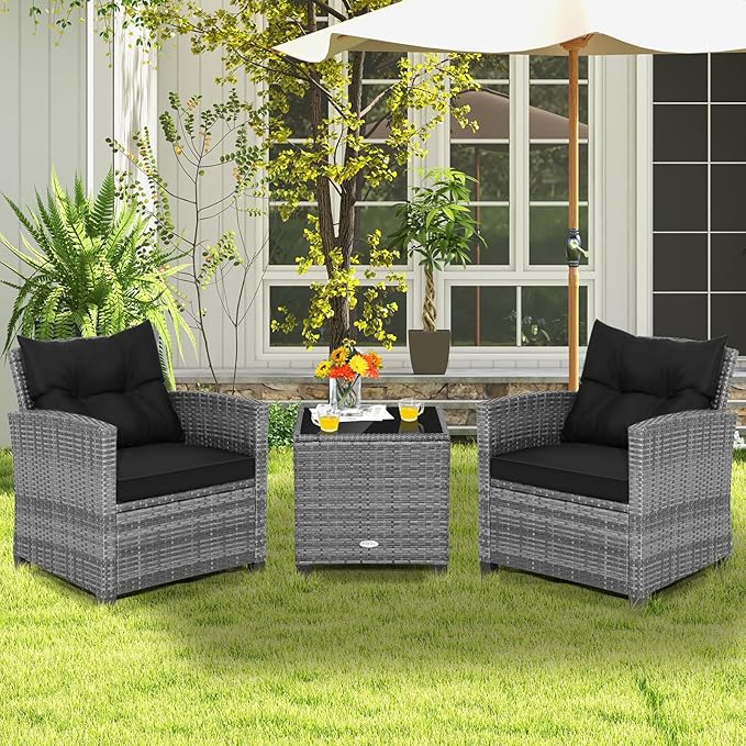 Tangkula 3 Pieces Patio Furniture Set, Outdoor PE Rattan Conversation Chair Set with Tempered Glass Side Table and Removable Cushions, PE Wicker Chairs and Table Set for Porch, Balcony and Garden
