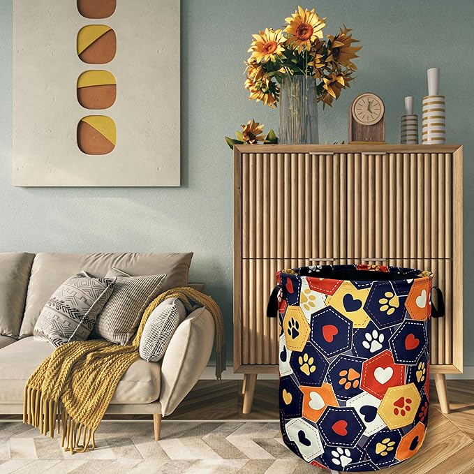 Colorful Dog Paws Hearts Laundry Basket Foldable With Handles Funny Tote Bag Oxford Cloth Animal Laundry Hamper 18.9"x16.5 "Clothe Storage Bucket Toy Organizer For Bathroom/Laundry/Bedroom