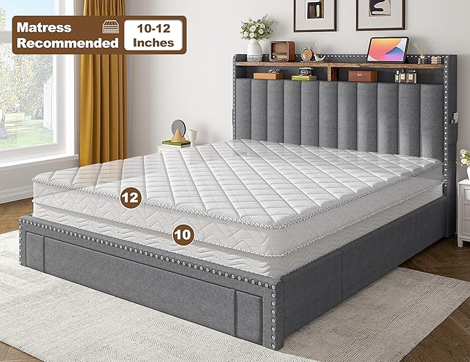 EnHomee Queen Size Bed Frame, Upholstered Queen Bed Frame with 3 Storage Drawers & 2-Tier Headboard Shelves, 1100LBS Heavy Duty, No Box Spring Needed, Easy Assembly, Grey