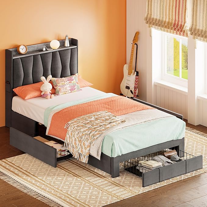 ANCTOR Twin XL Bed Frame with 3 Drawers, Upholstered Platform Bed with Storage Headboard and Charging Station, No Box Spring Needed, Easy Assembly, Grey