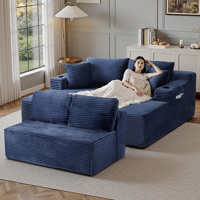 104''Sectional Cloud Couch with L Shaped Chaise,Modern Modular Sectional Sofa,Boneless Couch with Deep Seat,Comfy Couches for Living Room (Blue, U Shaped)