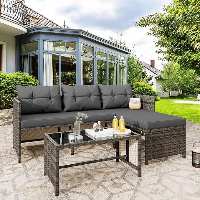Vongrasig 3 Piece Patio Furniture Sets, All-Weather Wicker Outdoor Sofa Couch Sectional Set, Small Conversation Set for Patio, Garden w/Cushion, Glass Table, (Grey)