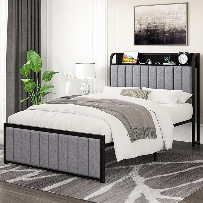 VECELO Twin Bed Frame with Headboard, Upholstered Platform Bedframe, Heavy Duty Metal Slats, No Box Spring Needed, Easy Assembly, Linen Grey