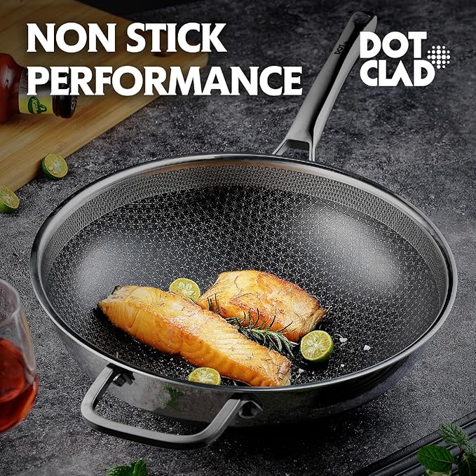 Wok pan,Hybrid 13 inch Wok with Lid, PFOA Free Cookware,non stick Stainless Steel Woks & Stir-fry pans Nonstick, Dishwasher and Oven Safe, Works on Induction