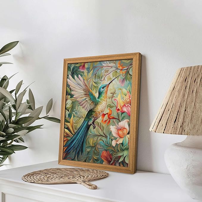 Framed Vintage 3D Textured Wall Art - Colorful Hummingbird Floral Wall Decor - Hand Painted Sandstone Nature Botanical Picture for Living Room Bedroom Home Decor 8x10 inch