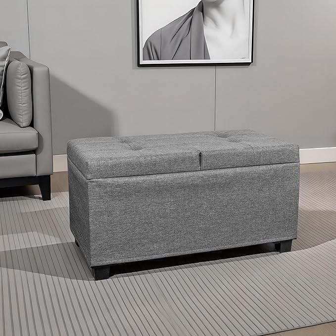 LITZFUE Metal Storage Ottoman Bench with Flipping Lid, 30 Inches Shoe Bench with Legs, Linen Footrest, Storage Chest for Living Room, Bedroom, Entryway, Dark Gray