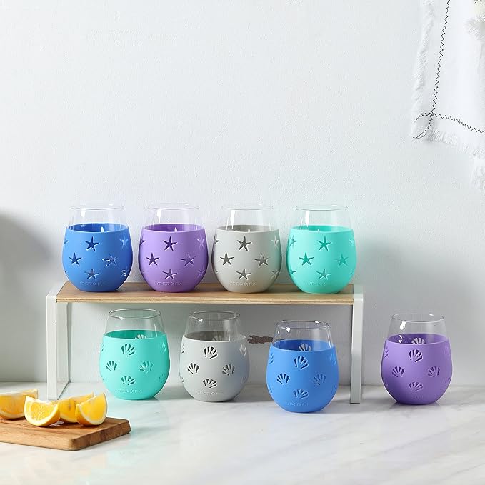 Hyperspace 20 OZ Stemless Wine Glass, Beverage Glass with Protective Silicone Sleeve (Blue & Purple Star)