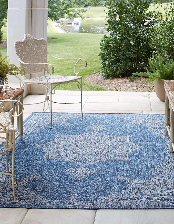 Unique Loom Outdoor Traditional Collection Area Rug - Antique (10' x 13' 1" Rectangle Blue/Ivory)