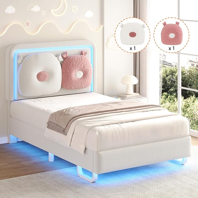 Twin Size Upholstered Bed Frame with LED Lights, Girls Bed with Adjustable Chic Double Headboard, Boucle Princess Platform Bed for Kids/Girls, Solid Wood Slats Support, No Box Spring Needed, Beige