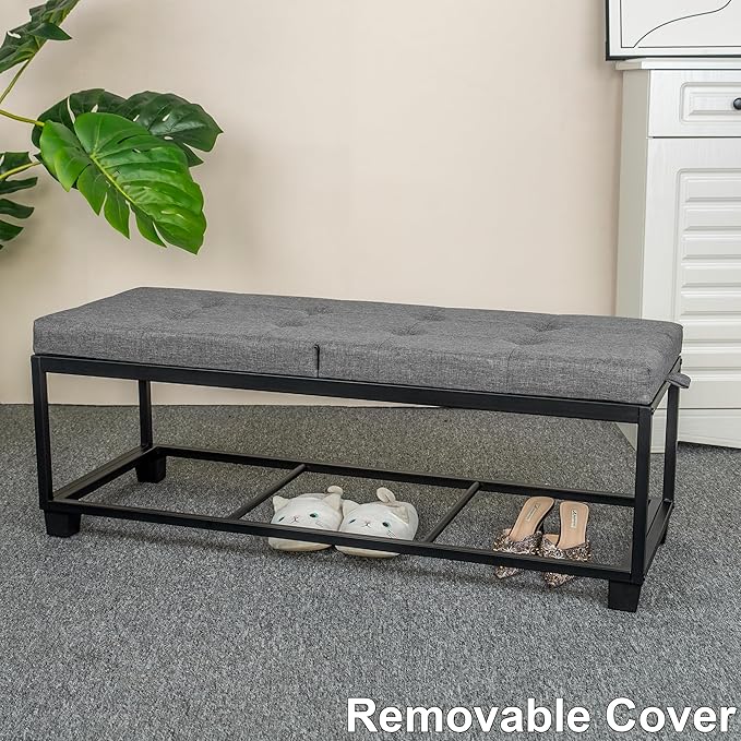 Metal Storage Ottoman, End of Bed Bench, Foot Stool with Legs, Storage Chest Footrest for Bedroom, Entryway, Living Room, 15.7 x 43 x 15.7 Inches, Linen Grey