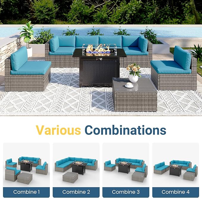 8 Pieces Outdoor Patio Furniture Set with 43" Fire Pit Table, Wicker Outdoor Patio Sectional Sofas Coffee Table, All-Weather Patio Conversation Set with Cushions for Garden Backyard, Light Blue