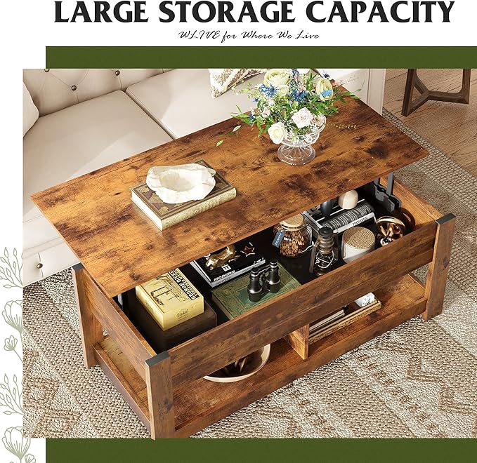 WLIVE Coffee Table, 47" Lift Top Coffee Table with HiddenCompartment and 2 Storage Shelves for Living Room, RusticBrown