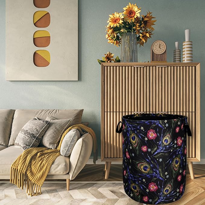 Colorful Peacock Feathers Laundry Basket Foldable With Handles Tote Bag Oxford Cloth Beautiful Laundry Hamper 18.9"x16.5" Clothes Storage Bucket Toy Organizer For Bathroom/Laundry/Bedroom