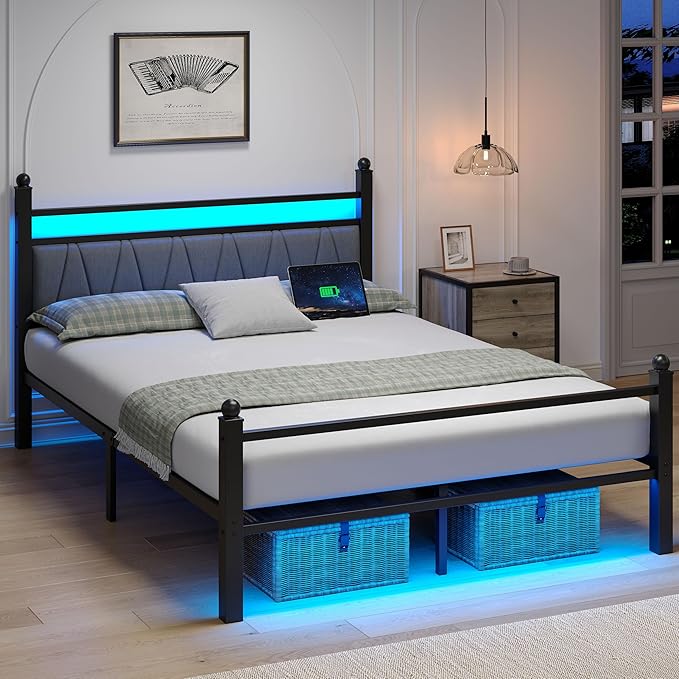 Full Bed Frame with Smart LED Lights, Storage Headboard and USB Charging Station,Heavy Duty Wooden Slats, No Box Spring Needed, Noise Free, Easy Assembly (Modern Black, Full)