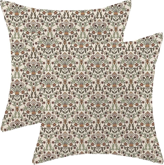 William Morris Pillow Covers 18x18 Set of 2, Boho Floral Block Print Flower Decorative Throw Pillows Bohemian Vintage Farmhouse Cushion Pillow Covers for Sofa Couch Bed Outdoor Decor