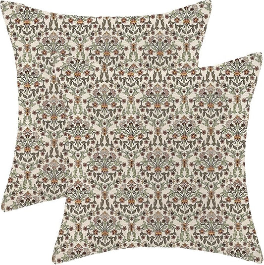 William Morris Pillow Covers 18x18 Set of 2, Boho Floral Block Print Flower Decorative Throw Pillows Bohemian Vintage Farmhouse Cushion Pillow Covers for Sofa Couch Bed Outdoor Decor