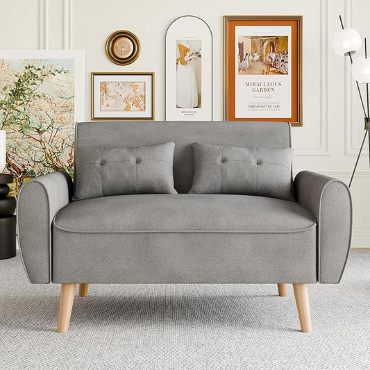 Vongrasig 47" Small Modern Loveseat Sofa, Mid Century Linen Fabric 2-Seat Sofa Couch Tufted Love Seat with Back Cushions and Tapered Legs for Living Room, Bedroom and Small Space (Light Gray)