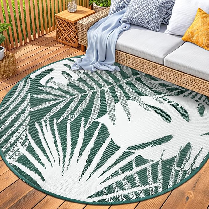 Waterproof Outdoor Rug 6x6 ft, Reversible Plastic Straw Mat with Leaf Pattern, Round Floor Mat for Patio, Camping, Picnic, Backyard RV, Deck, Dark Green