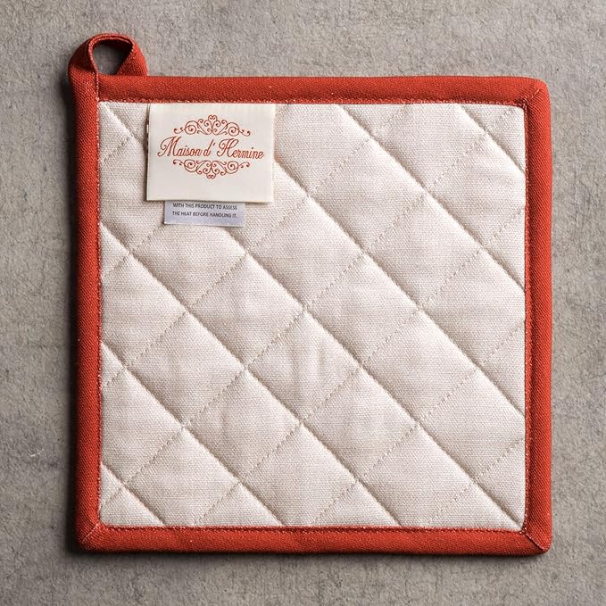 Maison d' Hermine Pot Holders Set 100% Cotton Heat Resistant Potholders 8" x 8" Hot Pads with Loop for Thanksgiving Christmas Decorations BBQ Cooking Baking Handling Hot Pans (Pack of 2, Potiron)