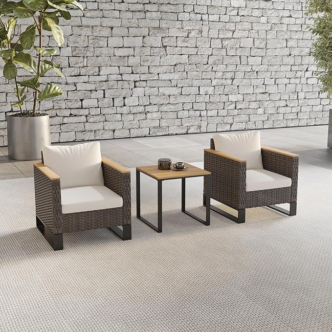 Ypati 3-Piece Handwoven Rattan Patio Conversation Set, Aluminum Frame with All Weather Coating, for Porch, Balcony, Garden, 2 Comfortable Chairs with Coffee Table, Black & Light Gray, Eureka