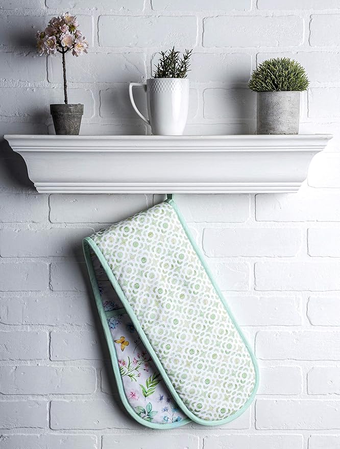 Maison d' Hermine Double Oven Mitts 100% Cotton 7"x35" Double Oven Mitt Heat Resistant BBQ Cooking Gloves with Loop, Baking, Grilling, Home, Kitchen, Handling Hot Pans Spring Summer (Just Floral).