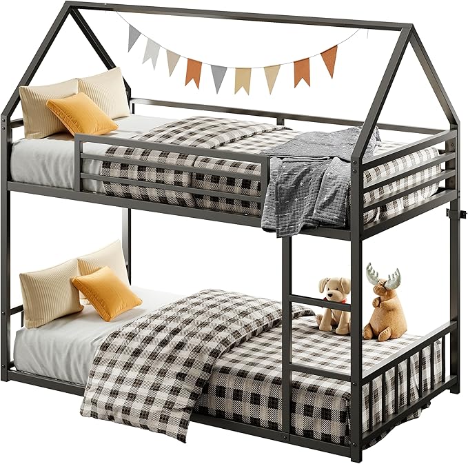 LIKIMIO Bunk Bed Twin Over Twin, House Bunk Bed Frame with Ladder and Guardrail, House Shaped with Metal Slats for Dormitory and Bedroom, Space Saving, No Box Spring Needed, Black