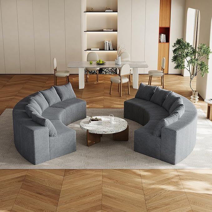 KEIKI 6 Seater Corduroy Curved Sectional Sofa, Symmetrical Modular Semi Circular Couch, Deep Seat Tufted Corner Sofa for Living Room, Lobby, Gray