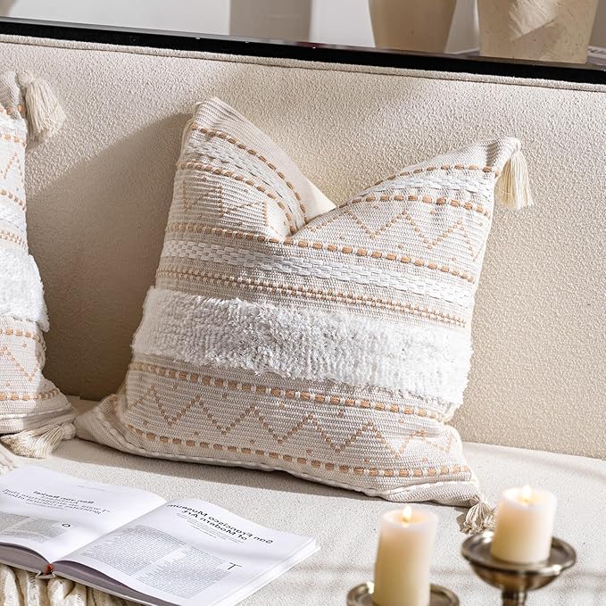 Decorative Throw Pillow Cover 18x18 Square Cream Neutral White Boho Accent Pillowcase Tassels Farmhouse Cushion for Couch Sofa Bedroom Living Room Home Décor (Cover ONLY, Pack of 1)