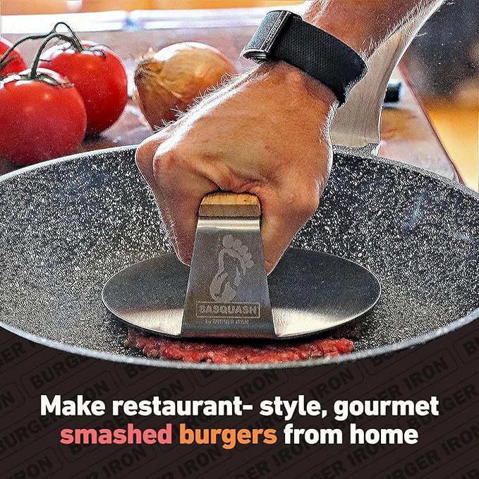 The Sasquash - 6" Heavy Duty Extra Wide Flat Handle Smashed Burger Press - Commercial Grade Welded Stainless Steel Burger Smasher (6 Inch 'Indestructo' Press)