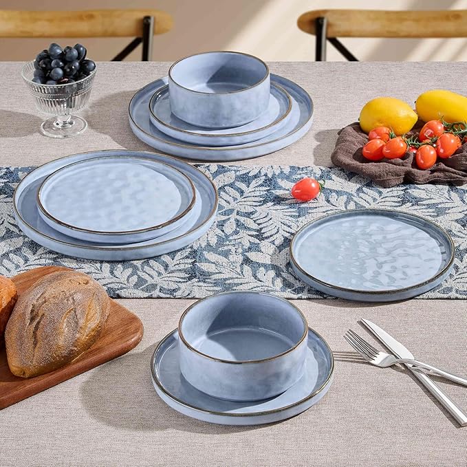 Herogo Dinnerware Sets for 6, 18 Pieces Ceramic Dishware for Kitchen Restaurant, Stoneware Plates and Bowls Sets, Dishwasher & Microwave Safe, Haze Blue