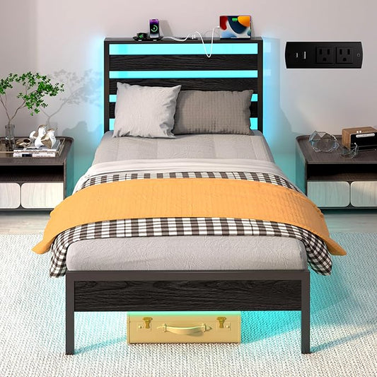 Twin Bed Frame with Headboard, Platform Bed with LED & Charging Station, Heavy Duty Metal Slats, No Box Spring Needed, Noise Free, Easy Assembly, Black