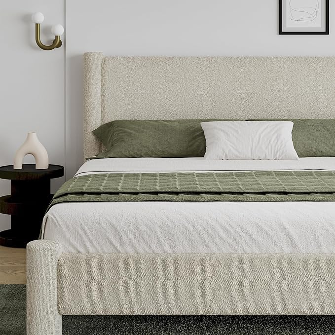 King Size Soft Bed Frame, Boucle Bed Frame with Headborad, Upholstered Platform Bed Frame with Rounded Corners, No Box Spring Required, Easy Assembly, Cream
