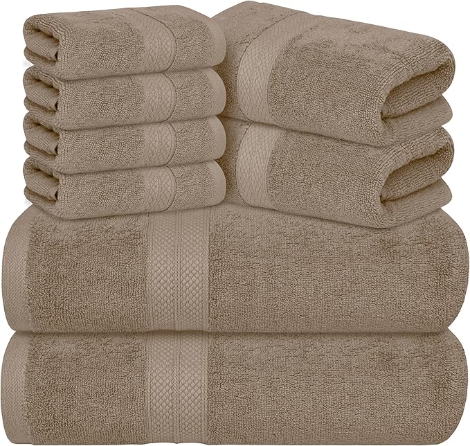 Avalon Towels Luxury 8 Piece Towels Set, 2 Bath Towels, 2 Hand Towels and 4 Washcloths, 600 GSM 100% Ring Spun Cotton Highly Absorbent Bathroom Towel Set, Ideal for Hotel, Spa and Gym (Beige)