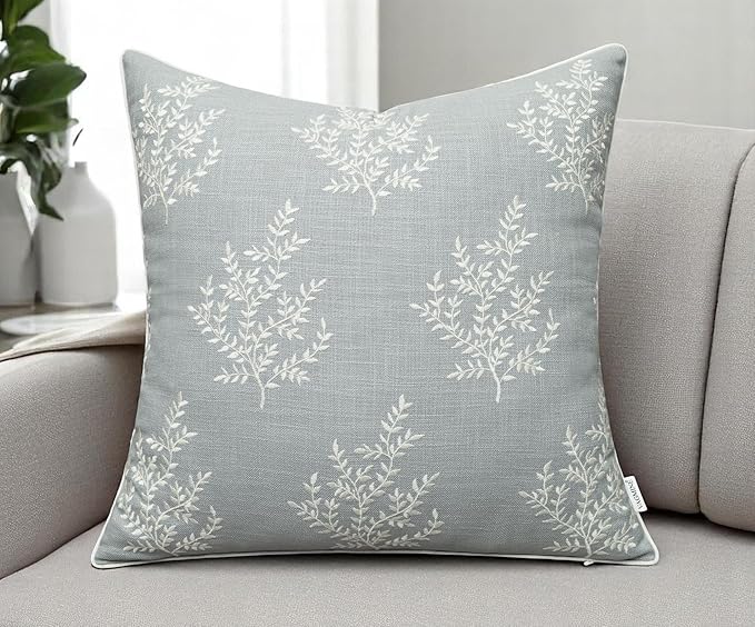 VAGMINE Embroidered Leaves Throw Pillow Cover - 18x18 Inches Square - 100% Cotton Robins Egg Decorative Cushion Cover - Coastal Inspired Leaf Stitch - Stylish Home Accent for Sofa, Couch, Bedroom