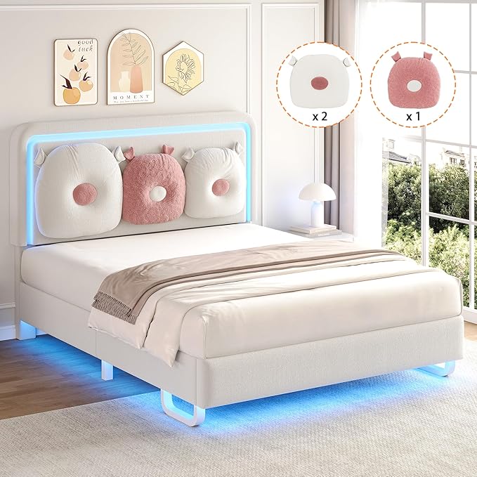 Full Size Upholstered Bed Frame with LED Lights, Girls Bed with Adjustable Chic Double Headboard, Boucle Princess Platform Bed for Girls, Solid Wood Slats Support, No Box Spring Needed, Beige
