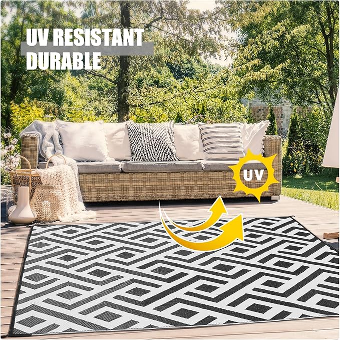 Terrug Outdoor Rug Waterproof 6x9 Ft, Foldable Outdoor Plastic Straw Rug, UV Reversible Patio Rug Decor, Outdoor Area Rug for Camping, RV, Porch, Deck, Backyard, Balcony, Picnic, Black & Light Grey