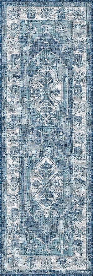 Unique Loom Outdoor Traditional Collection Area Rug - Valeria (2' x 6' 1" Runner, Blue/ Ivory)