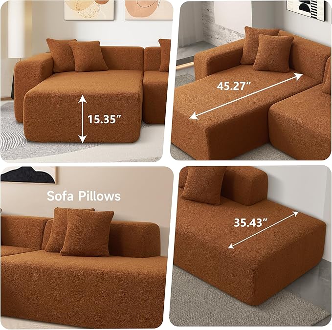 105'' Modular Sectional Couch, Modern L-Shape Sectional Sofa with Chaise Lounge, Comfy Lambswool Fabric Corner Sofa, Upholstered 4 Seater Couch for Living Room, Bedroom, Apartment, Orange