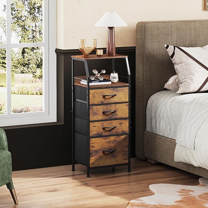 WLIVE Tall Nightstand with 4 Fabric Drawers & Open Shelf, Bedside Table for Bedroom, Modern Tall Dresser, Rustic Brown Wood Grain
