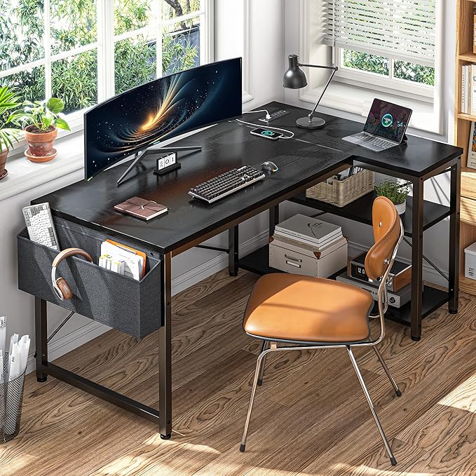 EnHomee 48 Inch L Shaped Gaming Desk, Computer Desk with Storage Shelves & Side Bag, Office Desk with Power Outlets, Small Corner Desk for Small Space Home Office Bedroom, Study Writing Table, Black