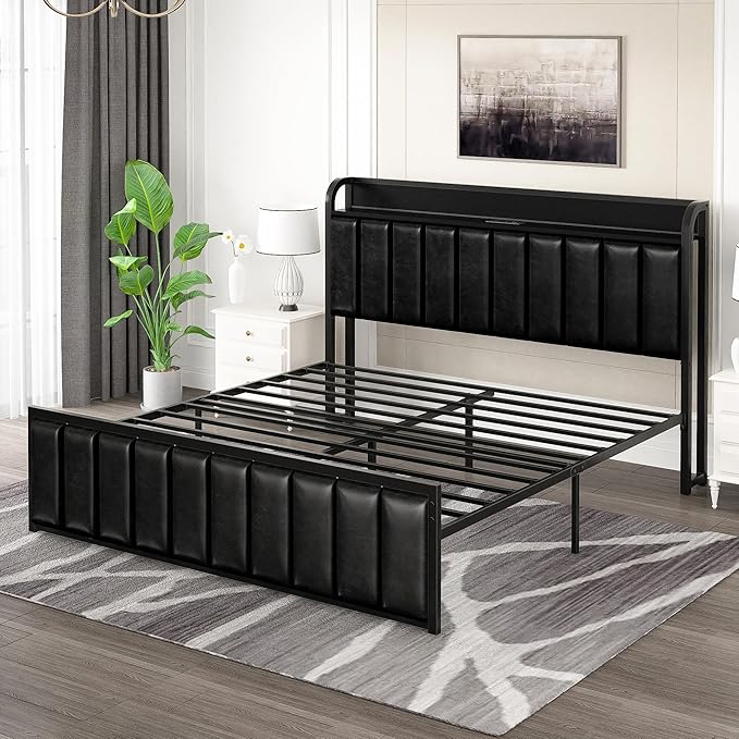 VECELO Queen Size Bed Frame with Headboard, Upholstered Platform Bedframe, Heavy Duty Metal Slats, No Box Spring Needed, Easy Assembly, Classic Black