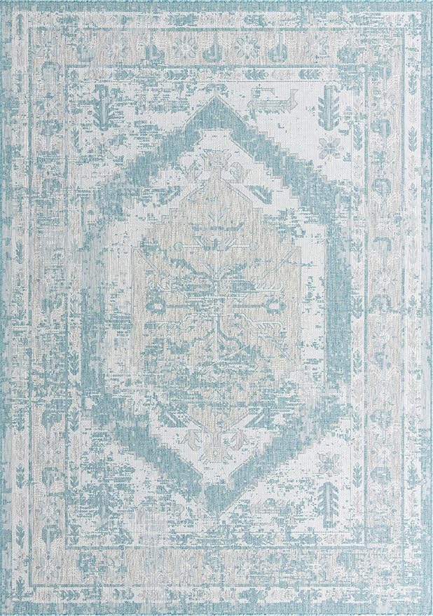 Unique Loom Outdoor Traditional Collection Area Rug - Valeria (7' 10" x 11' Rectangle, Aqua/ Ivory)
