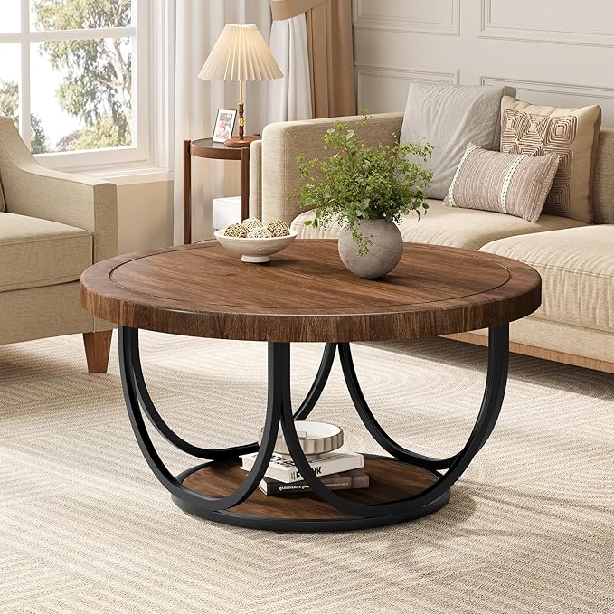Tribesigns Round Coffee Table with 2 Tiers, 35.4" Wooden Circle Accent Cocktail Table with Storage Shelf and Metal Frame, Industrial Center Tables for Living Room, Brown & Black