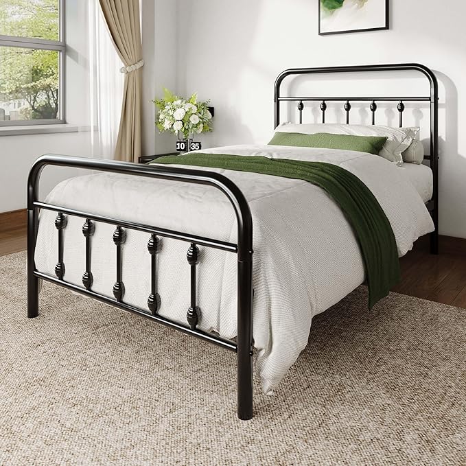 Allewie 14 Inches Twin Size Metal Platform Bed Frame with Victorian Style Iron-Art Headboard/Footboard, Mattress Foundation, Easy Assembly, Under Bed Storage, No Box Spring Required, Black
