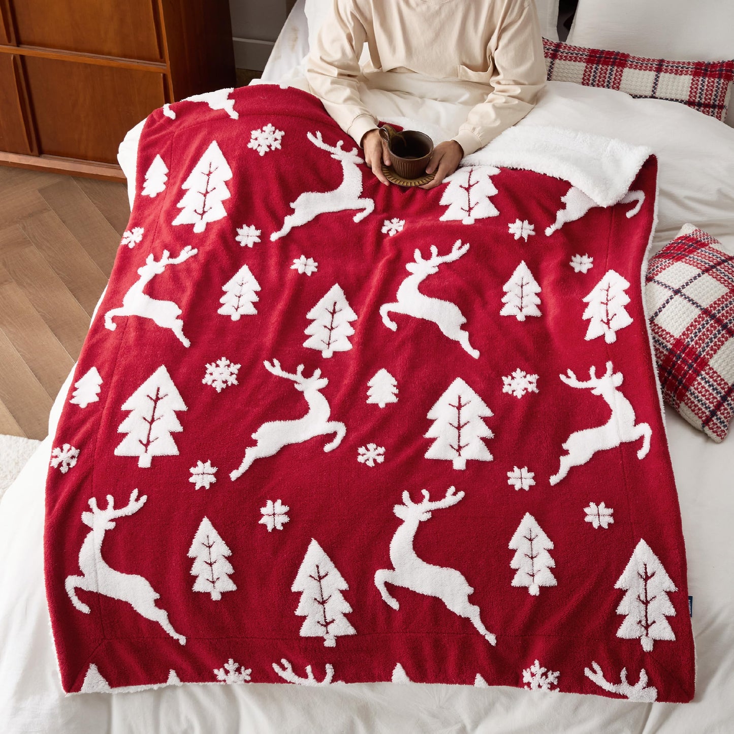 Bedsure Christmas Throw Blanket for Couch - Christmas Decorations Gifts for Women, Warm Sherpa Deer Throw Blanket, Red 50"x60"
