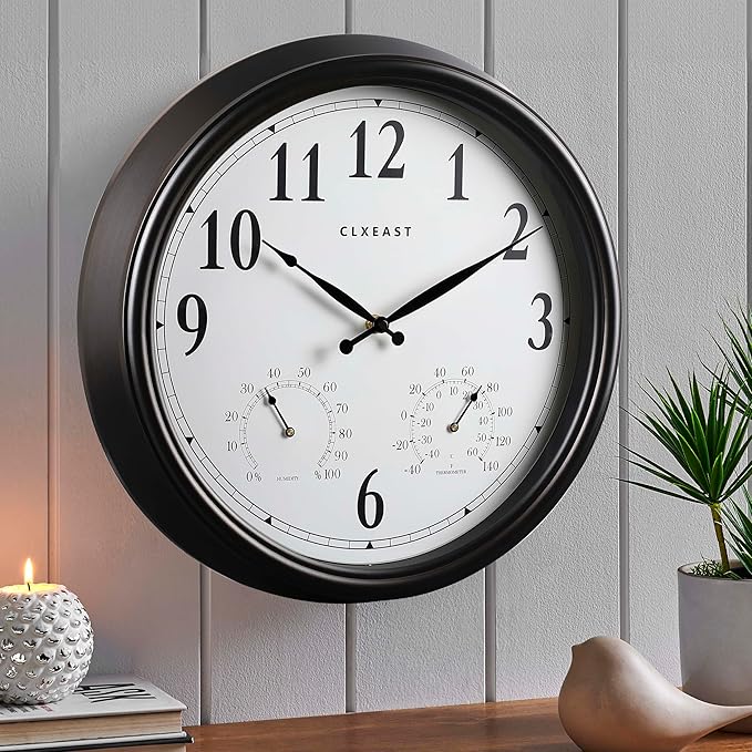 CLXEAST Indoor Outdoor Clocks Waterproof 16 Inch, Large Outdoor Clock with Temperature and Humidity for Patio,Porch,Pool,Oil Rubbed Bronze Black Finish,House Warming Gifts New Home